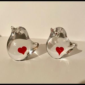 Antique Hand Blown Glass Love Birds with Red Heart Signed F.M. Konstglas!